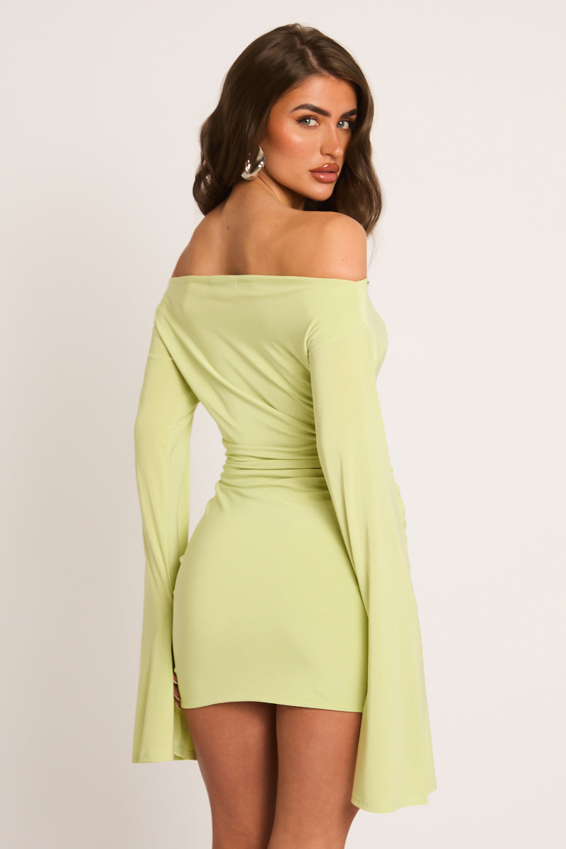 Lime Long Flared Sleeves Drape Detail Bodycon Mini Dress - Maya