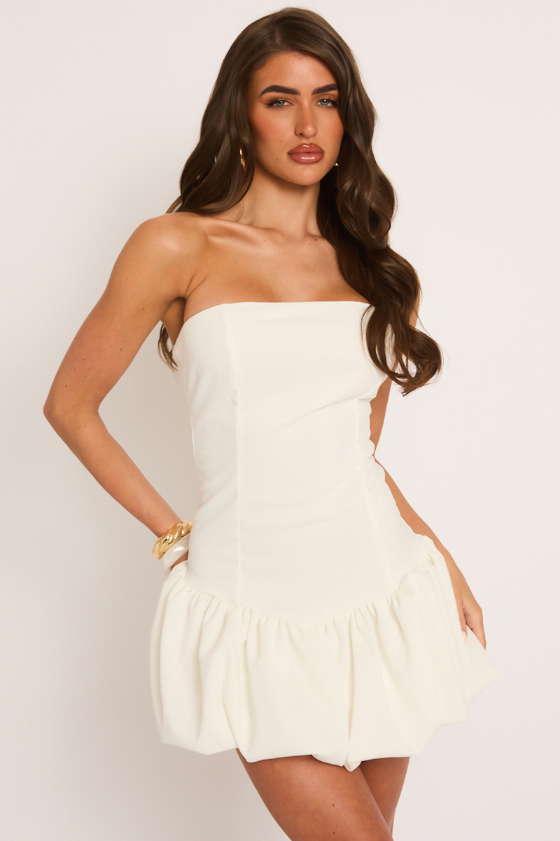 White Bandeau Puffball Mini Dress - Hettie