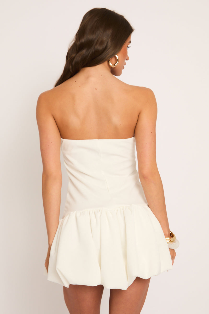 White Bandeau Puffball Mini Dress - Hettie