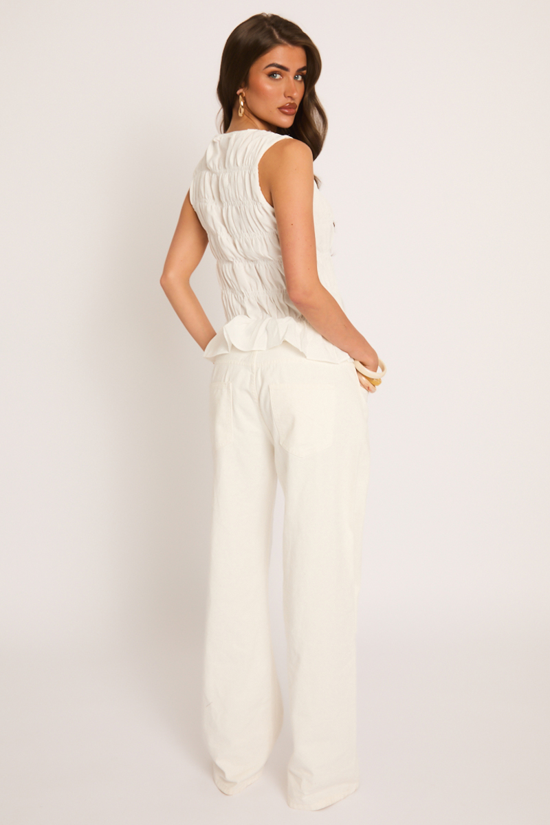 White Shirred Tie Front Top - Kelis