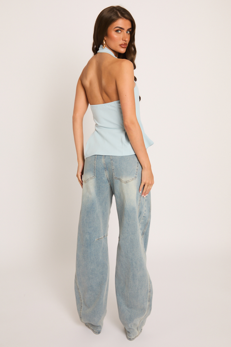 Blue Halter Peplum Top - Abbie