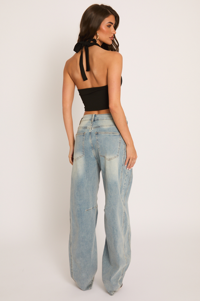 Black Ruched Detail Halterneck Crop Top - Taylor