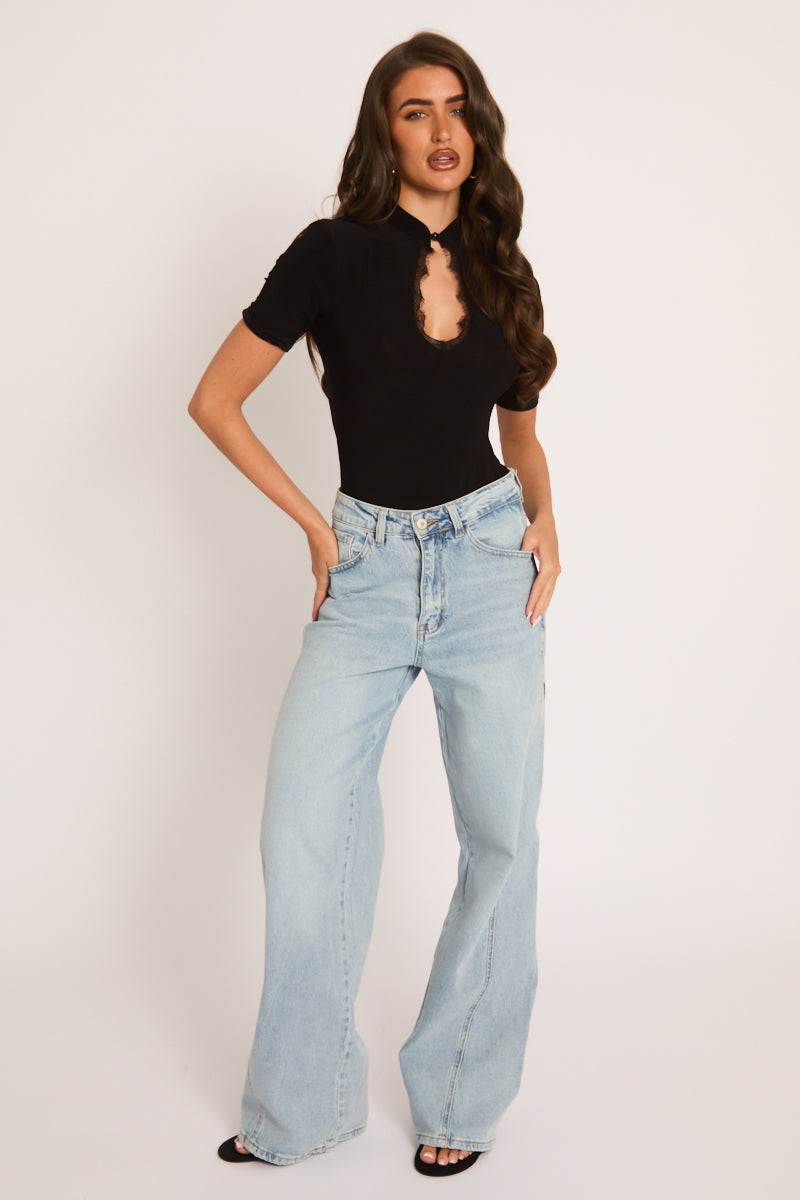 Black Shoulder Pad Lace Trim Bodysuit - Carrie