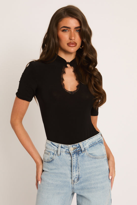 Black Shoulder Pad Lace Trim Bodysuit - Carrie