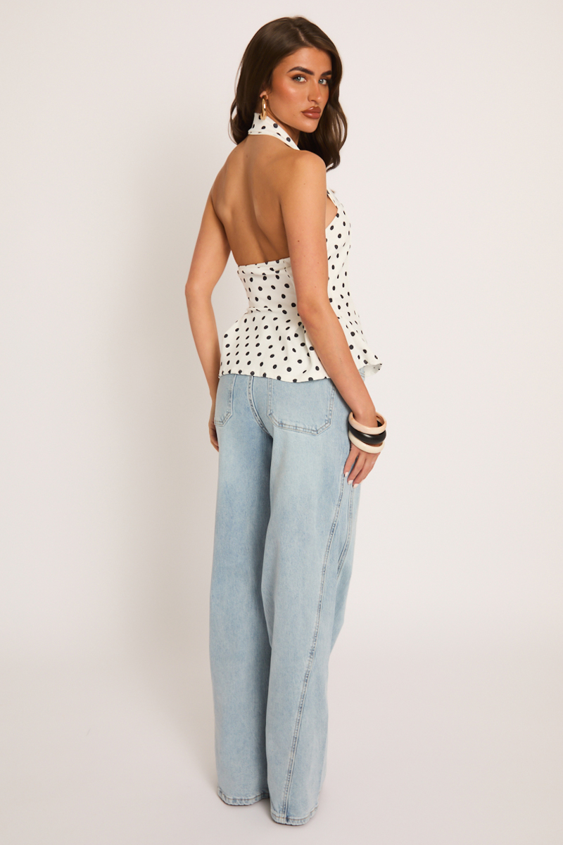 White Polka Dot Halter Peplum Top - Abbie
