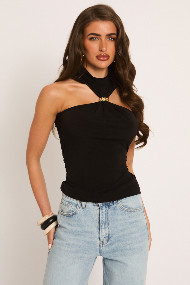 Black Trim Detail Halter Top - Jordana