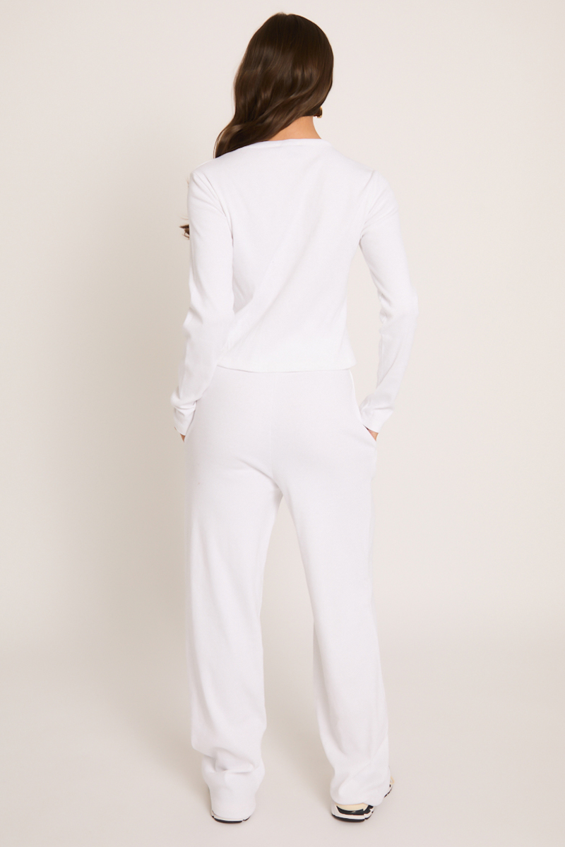 White Button Front Long Sleeve Top and Trouser Loungewear Co-ord Set - Izzabelle