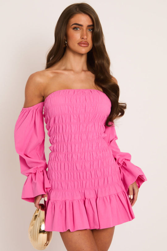 Pink Shirred Frill Hem Mini Dress - Nettie