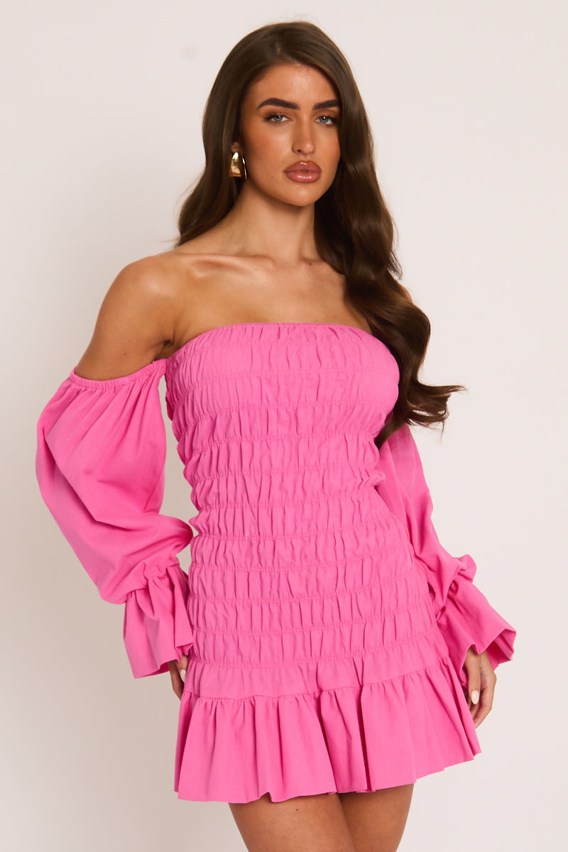 Pink Shirred Frill Hem Mini Dress - Nettie