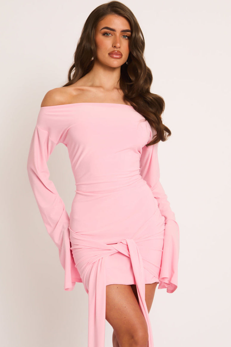 Pink Long Flared Sleeves Drape Detail Bodycon Mini Dress - Maya