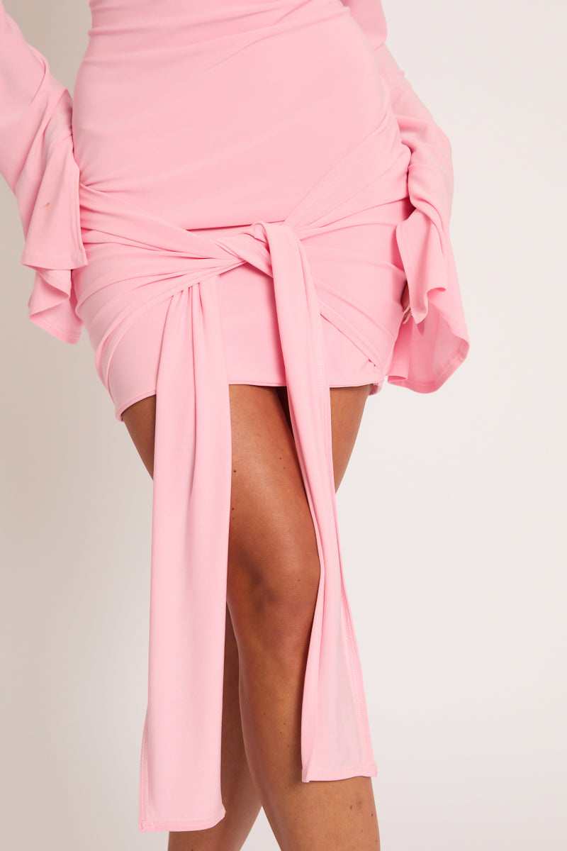 Pink Long Flared Sleeves Drape Detail Bodycon Mini Dress - Maya