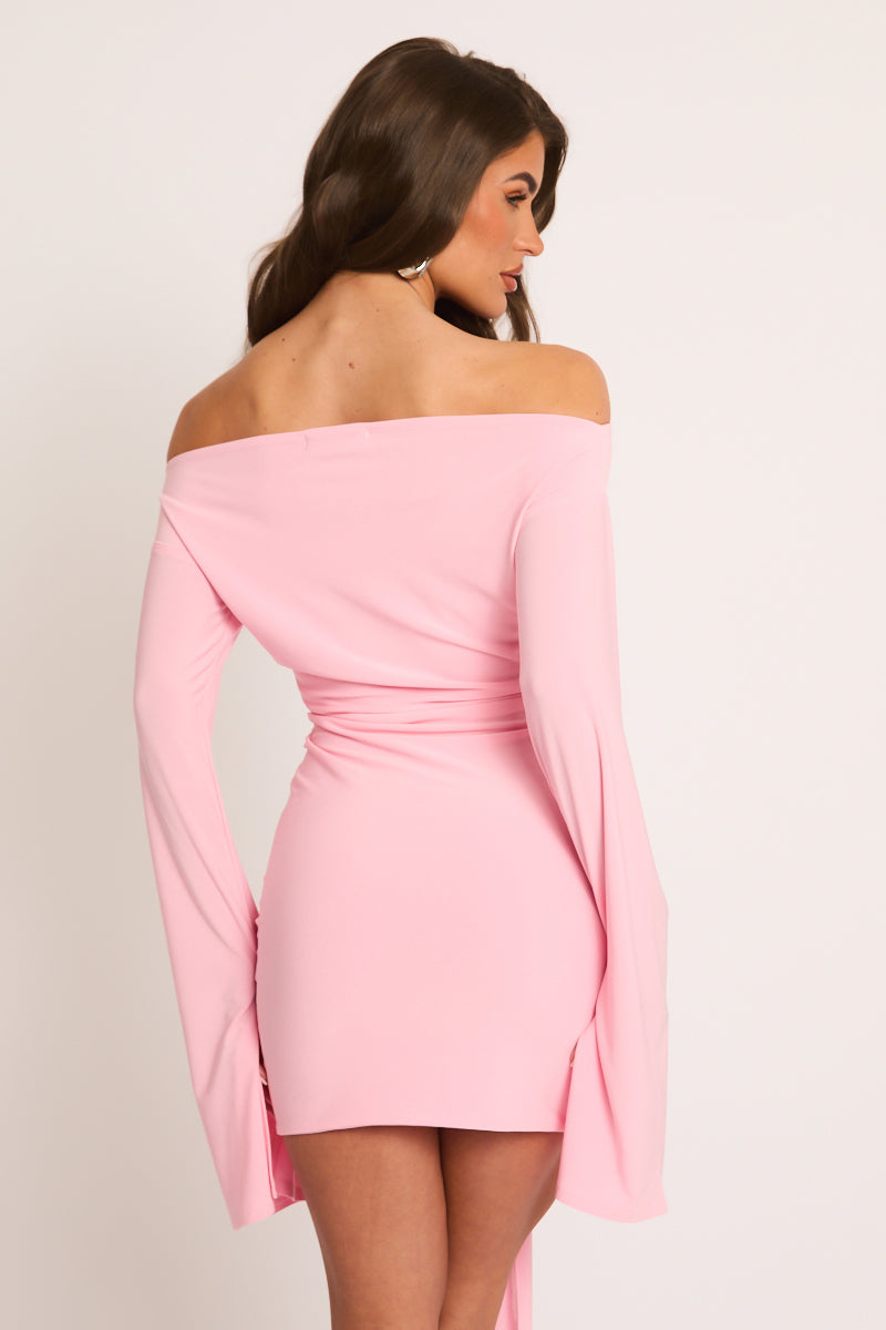 Pink Long Flared Sleeves Drape Detail Bodycon Mini Dress - Maya