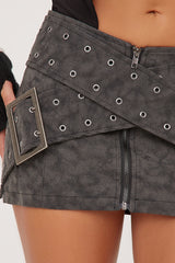 Grey Faux Leather Buckle Mini Skirt - Demelza