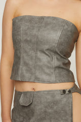 Grey Faux Leather Bandeau Crop Top & Side Slit Mini Skirt Co-ord Set - Peyton