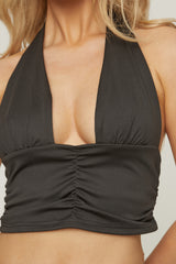 Black Plunge Neck Ruched Cropped Top - Wrenley