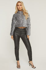 Grey Sequin Cropped Puffer Jacket - Jady