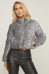 Grey Sequin Cropped Puffer Jacket - Jady