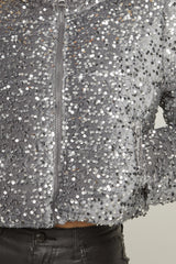 Grey Sequin Cropped Puffer Jacket - Jady