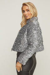 Grey Sequin Cropped Puffer Jacket - Jady