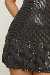 Black Sequin Pleated Hem Strappy Mini Dress - Kimberley
