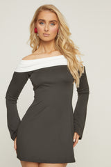 Black Contrast Bardot Long Sleeve Mini Dress - Aurelia
