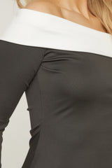 Black Contrast Bardot Long Sleeve Mini Dress - Aurelia