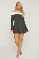 Black Contrast Bardot Long Sleeve Mini Dress - Aurelia