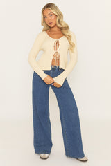 Cream Tie Front Rib Knit Cardigan - Elvisa