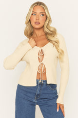 Cream Tie Front Rib Knit Cardigan - Elvisa