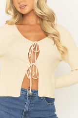 Cream Tie Front Rib Knit Cardigan - Elvisa