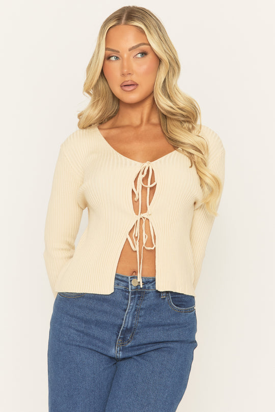 Cream Tie Front Rib Knit Cardigan - Elvisa