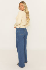 Mid Blue Wide Leg Denim Jeans - Tillia