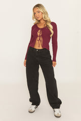 Wine Tie Front Rib Knit Cardigan - Elvisa