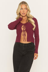 Wine Tie Front Rib Knit Cardigan - Elvisa