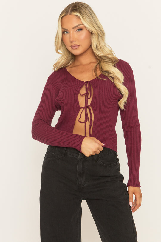 Wine Tie Front Rib Knit Cardigan - Elvisa