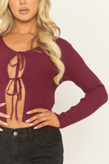 Wine Tie Front Rib Knit Cardigan - Elvisa