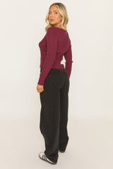 Wine Tie Front Rib Knit Cardigan - Elvisa