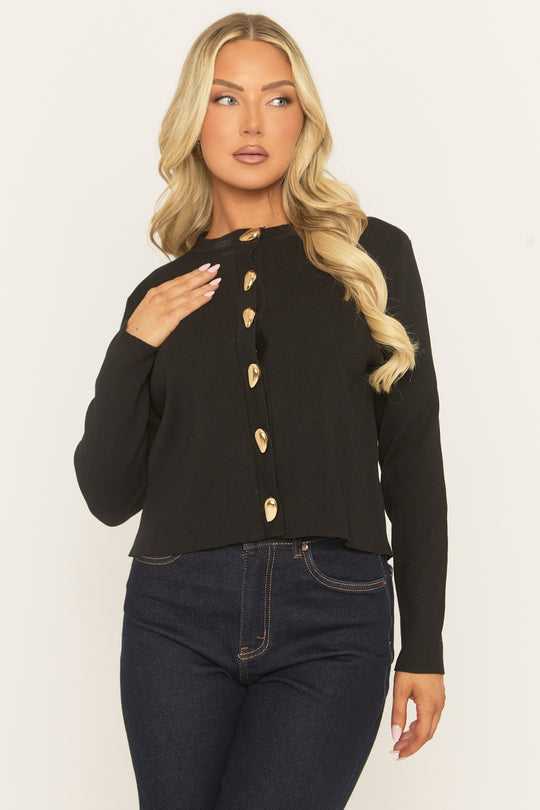 Black Gold Button Detail Cardigan - Yarina