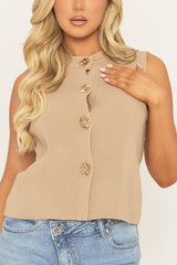 Beige Gold Button Detail Knitted Waistcoat - Amorie