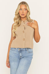 Beige Gold Button Detail Knitted Waistcoat - Amorie