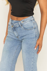 Mid Blue Asymmetric Waist Wide Leg Denim Jeans - Freyon