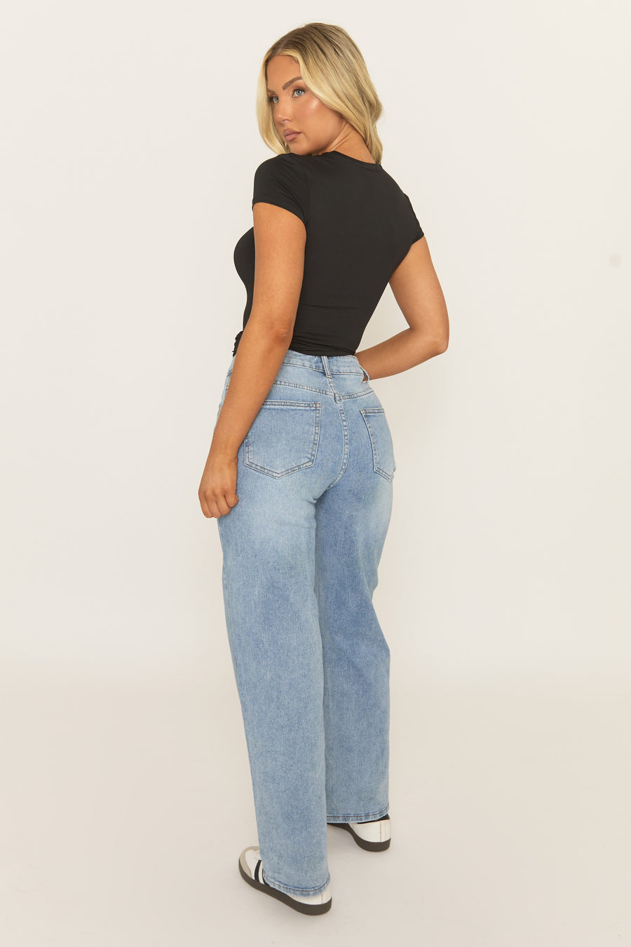 Mid Blue Asymmetric Waist Wide Leg Denim Jeans - Freyon