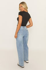 Mid Blue Asymmetric Waist Wide Leg Denim Jeans - Freyon