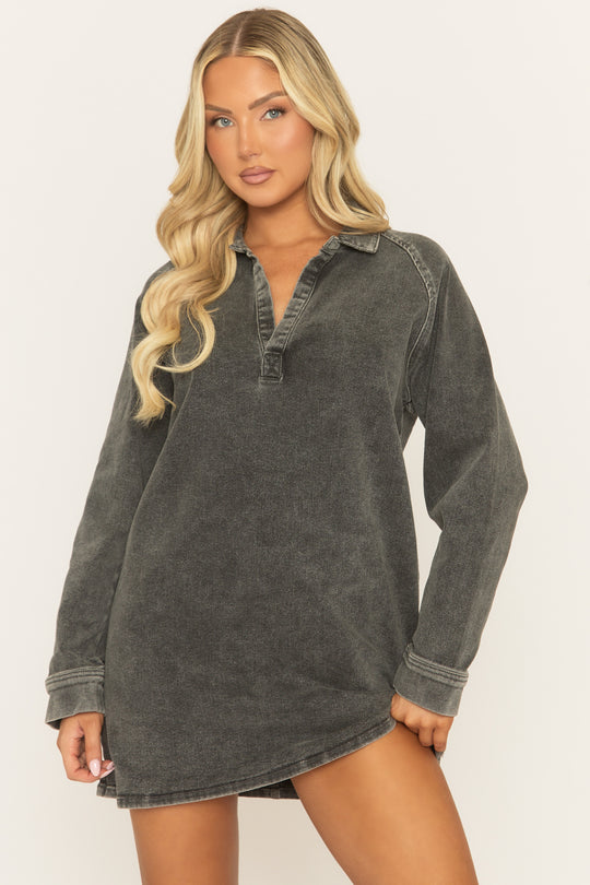 Grey Acid Wash Denim Mini Dress - Katrena