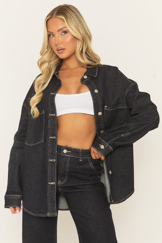 Indigo Denim Contrast Stitch Oversized Shirt - Marcey