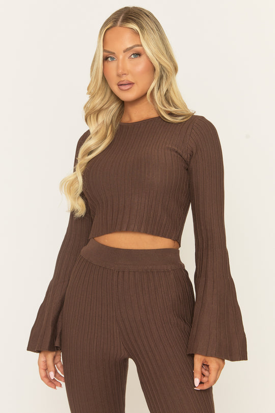 Chocolate Pleated Knit Trouser Co-ord Set - Nevee