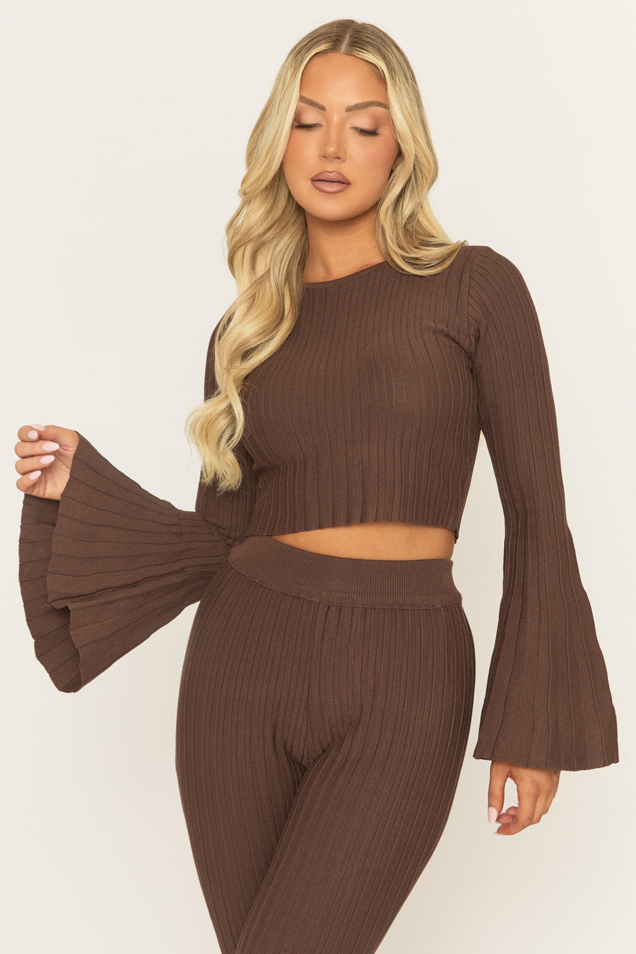 Chocolate Pleated Knit Trouser Co-ord Set - Nevee
