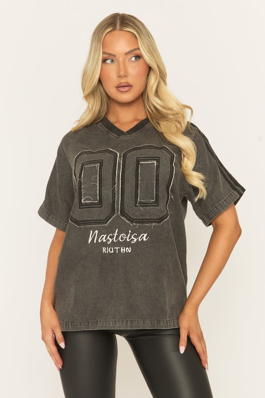 Grey Distressed Varsity Denim T-Shirt - Vika