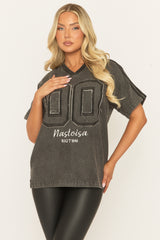 Grey Distressed Varsity Denim T-Shirt - Vika