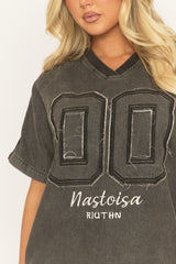Grey Distressed Varsity Denim T-Shirt - Vika